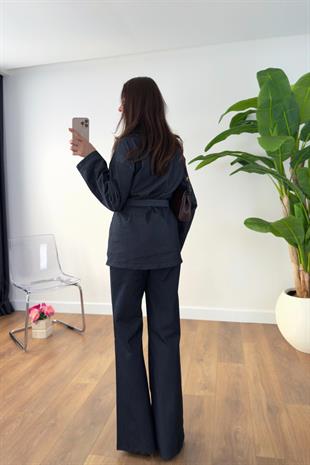 Yusla Dark Blue Denim Pantolon Kuşaklı Ceket Takım