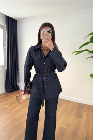 Yusla Dark Blue Denim Pantolon Kuşaklı Ceket Takım