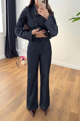 Yusla Dark Blue Denim Pantolon Kuşaklı Ceket Takım