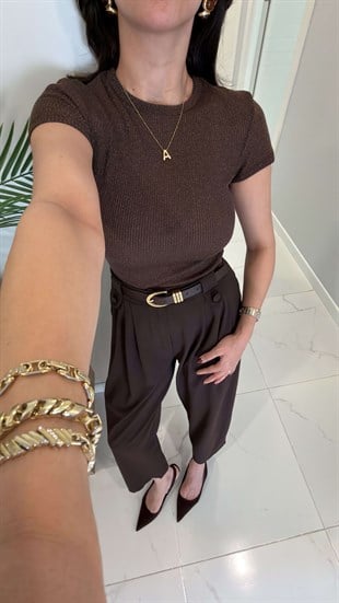 Yussi Kahve Fitilli Simli Tişört