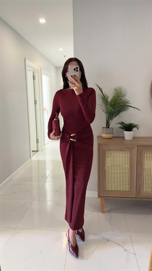 Zegra Bordo Gold Toka Detaylı Arka Yırtmaçlı Elbise