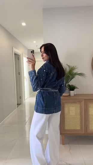 Zenia Mavi Zımba Detaylı Kuşaklı Kot Ceket