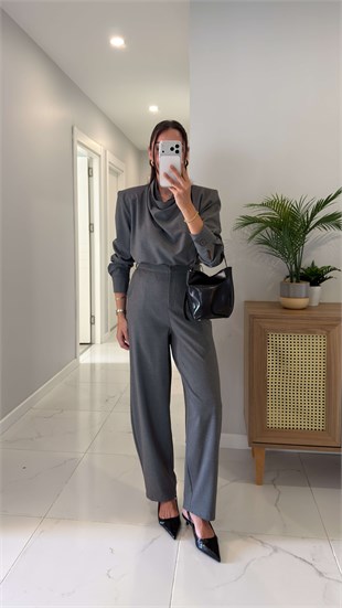 Zenna Gri Vatkalı Bluz Pantolon Takım