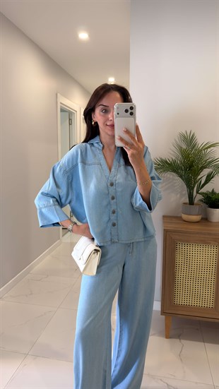 Zensia Mavi Tensel Gömlek Pantolon Takım