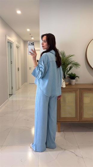 Zensia Mavi Tensel Gömlek Pantolon Takım