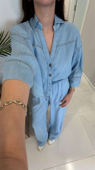 Zensia Mavi Tensel Gömlek Pantolon Takım