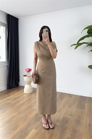 Zeny Camel Asimetrik Düşük Omuz Detaylı Keten Midi Boy Elbise
