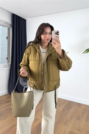 Zeysa Olive Kapitone Dolgulu Dik Yaka Mont