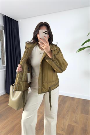 Zeysa Olive Kapitone Dolgulu Dik Yaka Mont