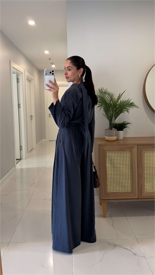 Zinlas Lacivert Boyun Detaylı Bluz Pantolon Takım