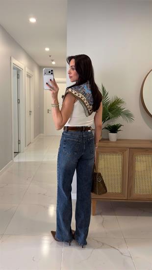 Zored Lacivert Kemerli Wıde Leg Jean