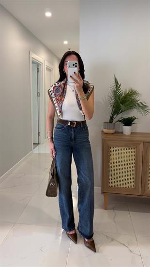 Zored Lacivert Kemerli Wıde Leg Jean