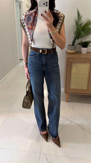Zored Lacivert Kemerli Wıde Leg Jean