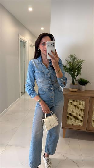 ZR Diesla Mavi V Yaka Cep Detaylı Denim Tulum