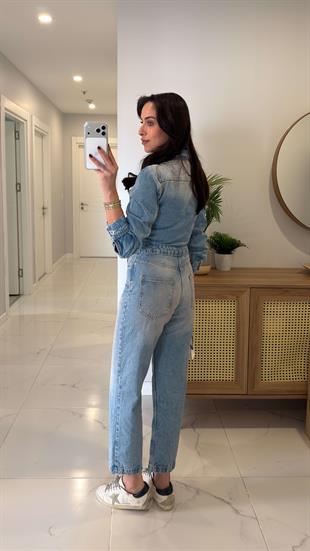 ZR Diesla Mavi V Yaka Cep Detaylı Denim Tulum