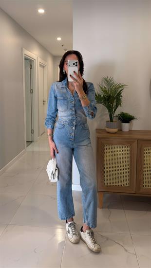 ZR Diesla Mavi V Yaka Cep Detaylı Denim Tulum