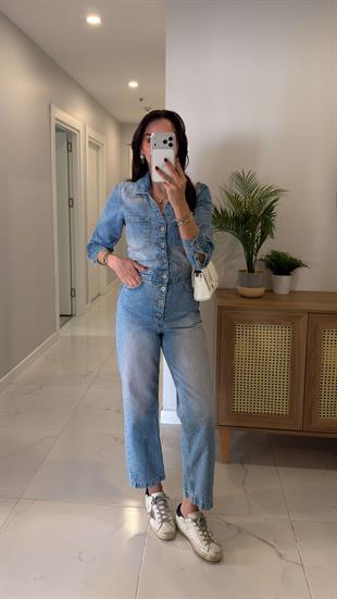ZR Diesla Mavi V Yaka Cep Detaylı Denim Tulum