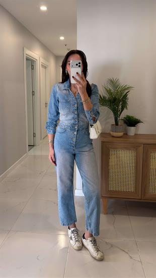 ZR Diesla Mavi V Yaka Cep Detaylı Denim Tulum