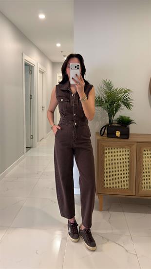 ZR Dina Kahve Cep Detaylı Kolsuz Tulum