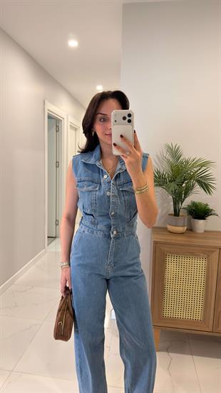 ZR Dina Mavi Cep Detaylı Kolsuz Tulum