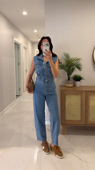 ZR Dina Mavi Cep Detaylı Kolsuz Tulum