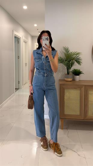 ZR Dina Mavi Cep Detaylı Kolsuz Tulum