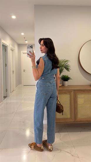 ZR Dina Mavi Cep Detaylı Kolsuz Tulum