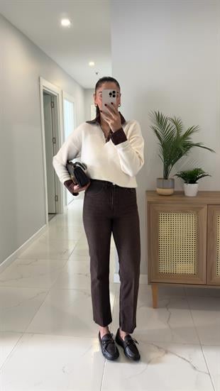 ZR Festa Acı Kahve Taşlamalı Kesik Paça Boy Fit Jean