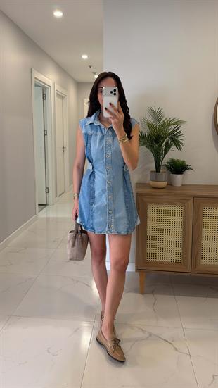 ZR Finita Mavi Parçalı Bel Detaylı Kolsuz Denim Elbise