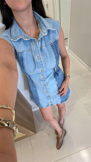 ZR Finita Mavi Parçalı Bel Detaylı Kolsuz Denim Elbise