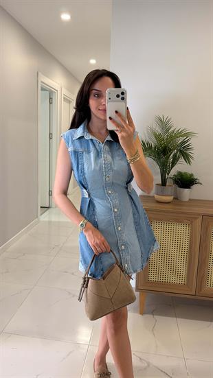 ZR Finita Mavi Parçalı Bel Detaylı Kolsuz Denim Elbise