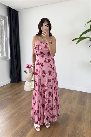 ZR Henka Pembe Çiçekli Askılı Elbise