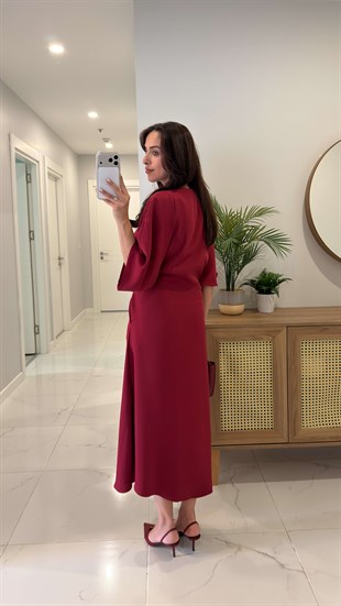 ZR Hinna Bordo Kendinden Parça Detaylı Elbise