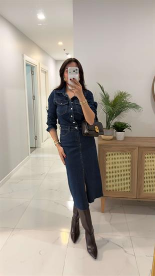 ZR Hutta Mavi Ön Yırtmaç Detaylı Denim Elbise