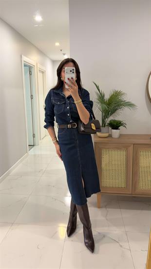 ZR Hutta Mavi Ön Yırtmaç Detaylı Denim Elbise