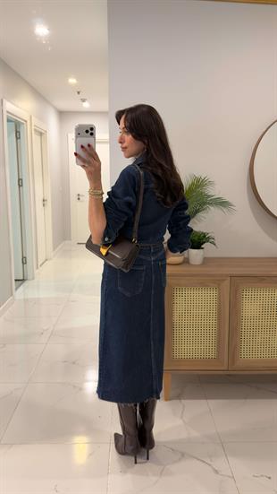 ZR Hutta Mavi Ön Yırtmaç Detaylı Denim Elbise