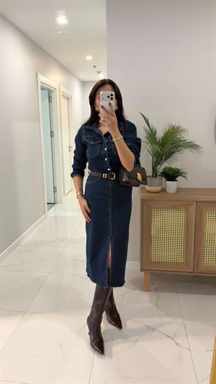 ZR Hutta Mavi Ön Yırtmaç Detaylı Denim Elbise