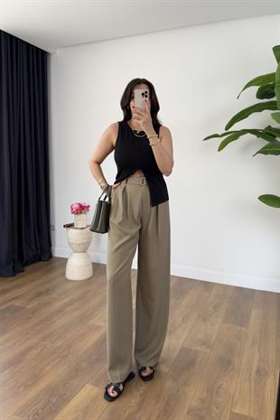 ZR Jenner Haki Kendinden Kuşaklı Straight Pantolon