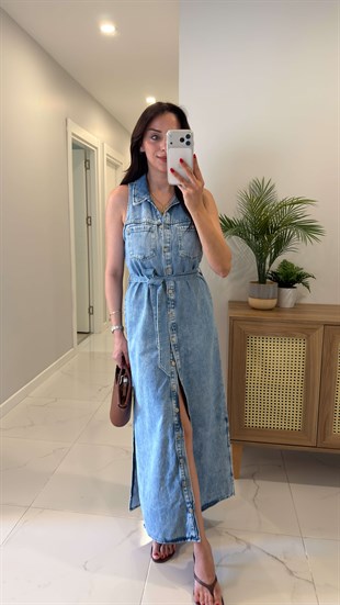 ZR Kalira Mavi Kolsuz Kuşaklı Denim Elbise