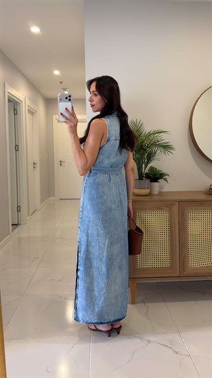 ZR Kalira Mavi Kolsuz Kuşaklı Denim Elbise