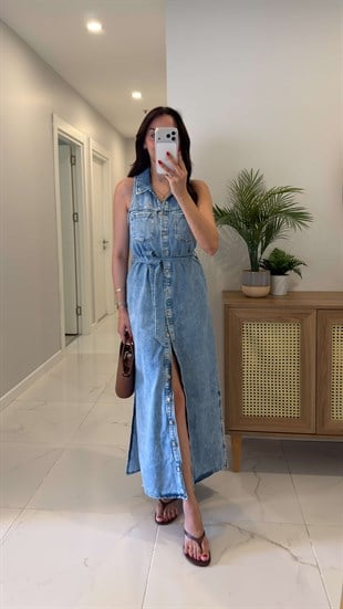 ZR Kalira Mavi Kolsuz Kuşaklı Denim Elbise