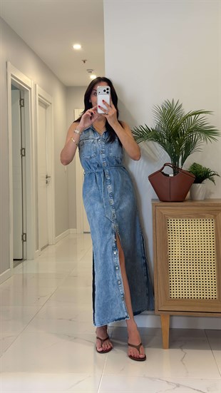 ZR Kalira Mavi Kolsuz Kuşaklı Denim Elbise