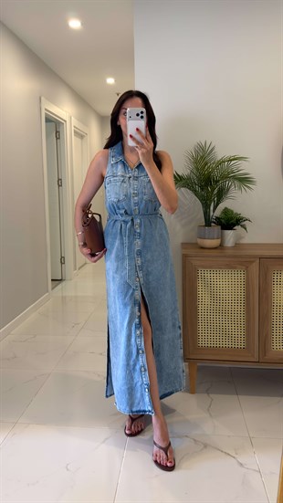 ZR Kalira Mavi Kolsuz Kuşaklı Denim Elbise