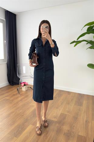 ZR Konsa Dark Blue Maxi Denim Elbise
