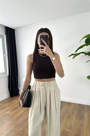 ZR Lela Acı Kahve Bisiklet Yaka Crop Tişört