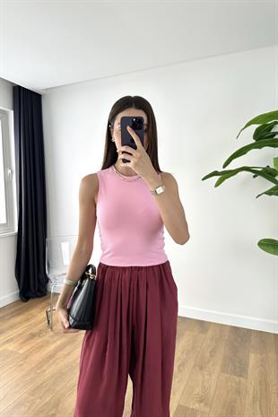 ZR Lela Pembe Bisiklet Yaka Crop Tişört