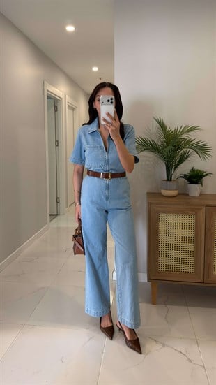 ZR Livia Mavi Fermuar Detaylı Denim Tulum