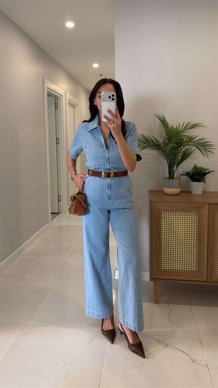 ZR Livia Mavi Fermuar Detaylı Denim Tulum