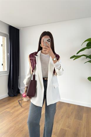 ZR Mosena Beyaz Kol Detaylı Blazer Ceket
