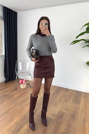 ZR Parla Bordo Mumlu Kaplama Mini Etek